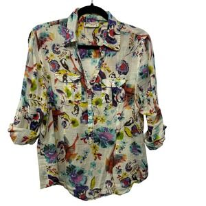 Magazine Cotton Floral Bird Print Roll Tab Sleeve Boho Blouse Artsy Festival L